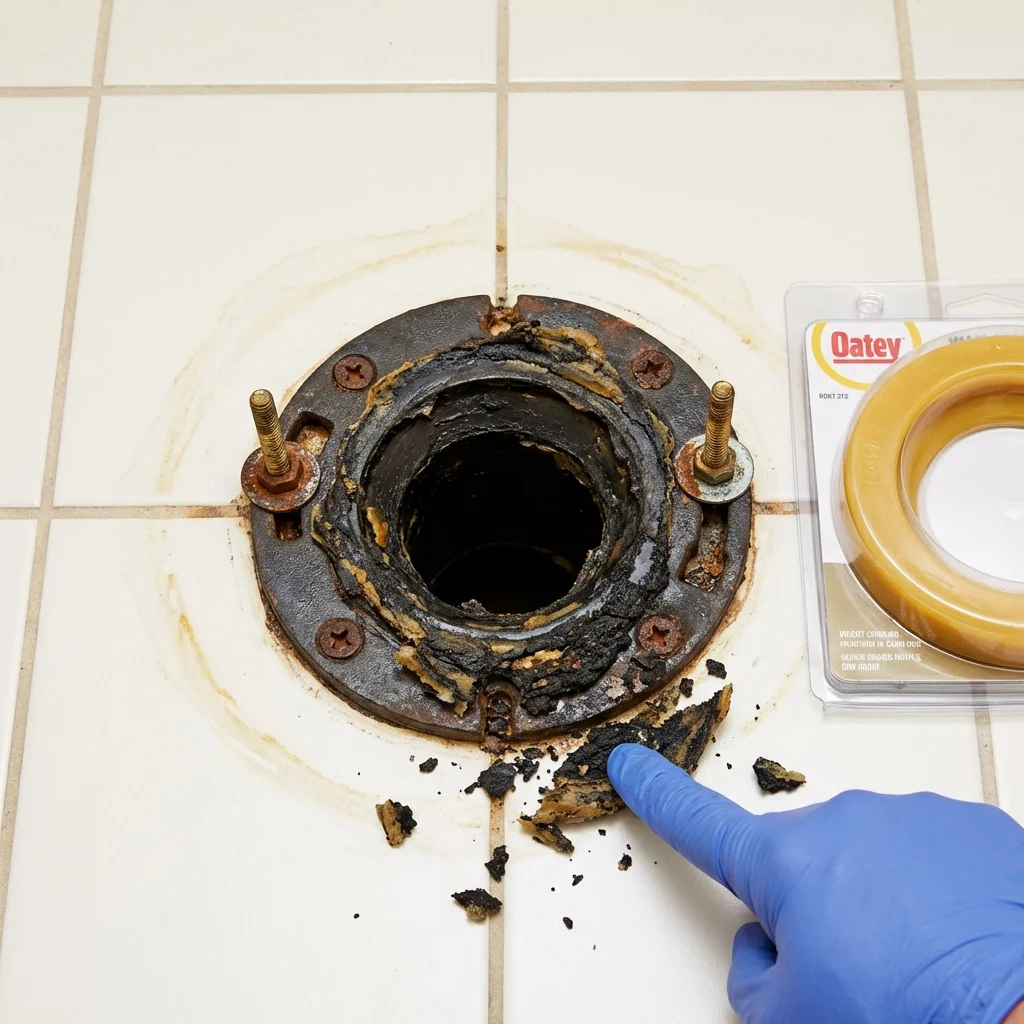 Failed wax ring showing water seepage at the base of a toilet in a Decatur, IL home